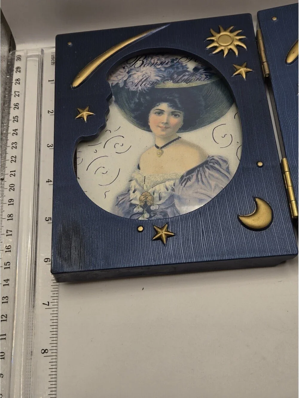 Vintage 90s Celestial Double Picture Frame Blue Gold Sun Moon Star Whimgisoth